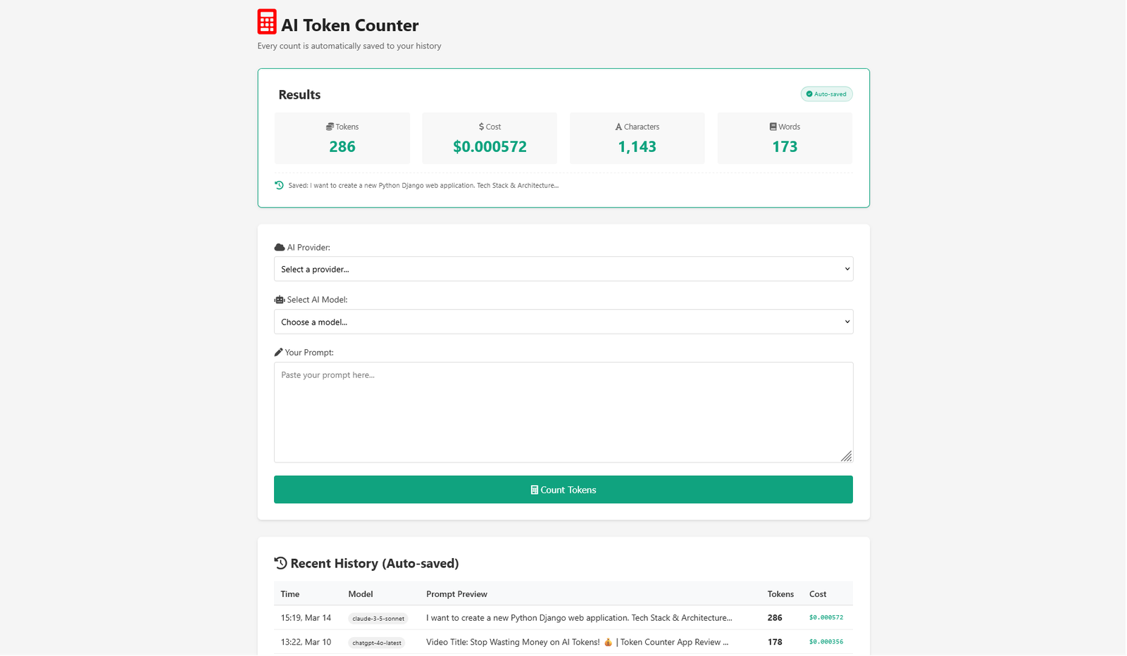 Token Counter Pro - Results Display